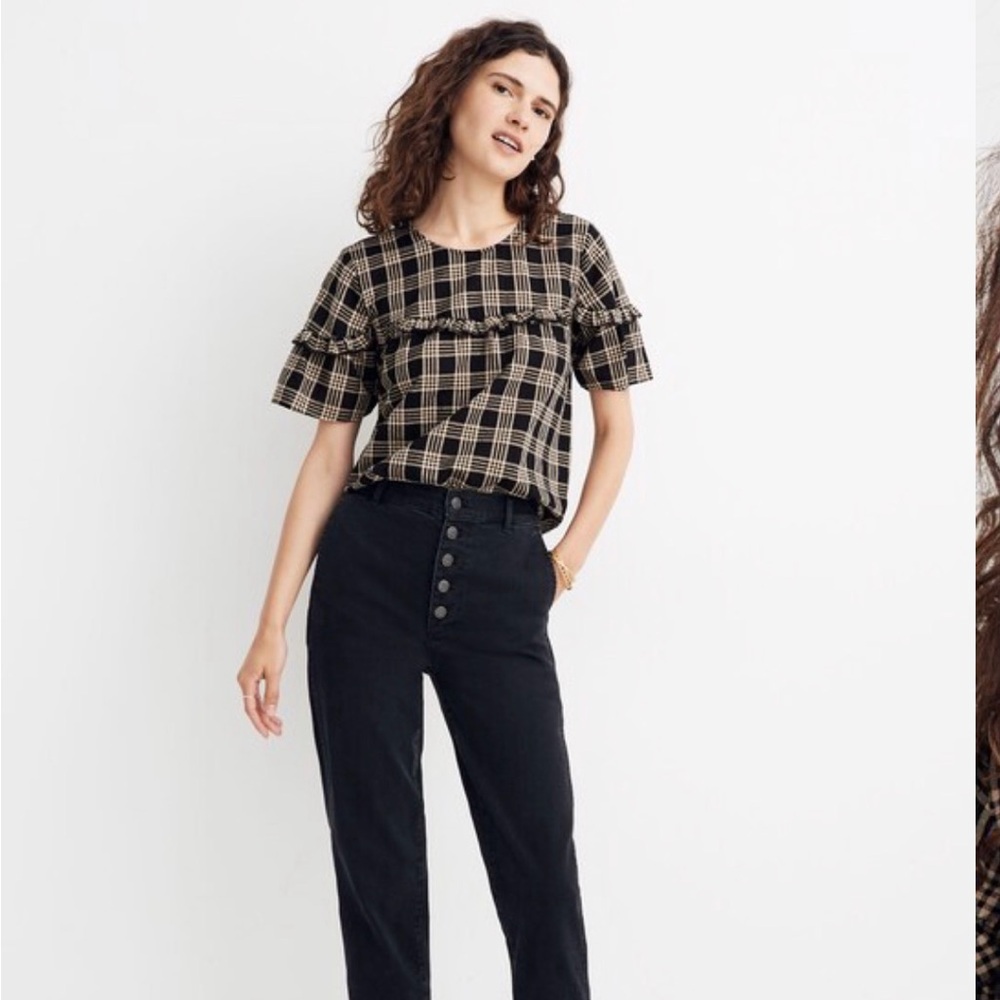 Madewell Ruffle-Yoke Top in Metallic Plaid Lurex Dobby Plaid True Black Medium